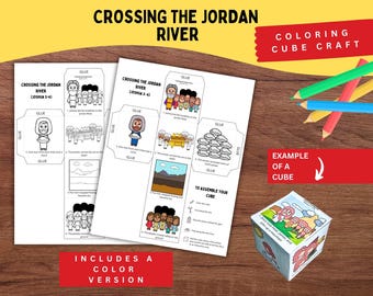 Pode incluir: Um kit de artesanato em papel intitulado Crossing the Jordan River com modelos em preto e branco e coloridos para montar um cubo. As folhas incluem ilustrações de figuras bíblicas e instruções de montagem.