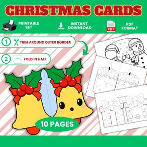 Printable Christmas Cards for Kids to Color & Fold, Cute Holiday Card Set with Coloring + Full Color Options, Classroom Activities