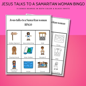 Samaritaine au puits, lot de bingo pour enfants, Samaritaine au puits, bingo biblique, histoire biblique du Nouveau Testament, Jean 4:1-42