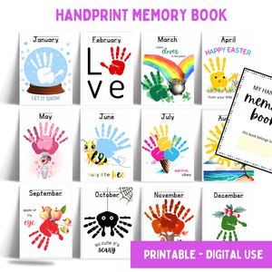 Handprint Memory Book Printable | 12 Months Handprint Art plus Cover | Kids Keepsake, DIY Baby Gift, Monthly Handprint Craft
