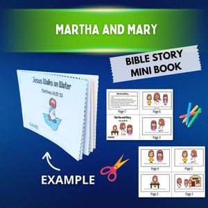 May include: A mini Bible story book titled "Jesus Walks on Water" with illustrations. The cover features a drawing of Jesus on water. The book includes the text "Martha and Mary" and "Bible Story Mini Book". Also included are colored pencils and scissors.