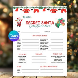 Plantilla editable de amigo invisible y lista de deseos navideños, formulario de lista de deseos navideños, descarga digital, edición en Canva.