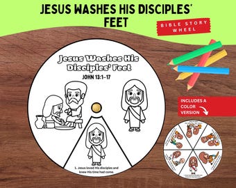 Könnte beinhalten: Ein kreisförmiges Papier-Bibelgeschichtenrad mit dem Titel Jesus Washes His Disciples' Feet John 13:1-17, das schwarz-weiße Strichzeichnungen von Jesus und einem Jünger, eine goldene Mittelbefestigung und eine farbige Version mit Stiften zeigt.
