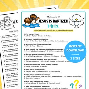 Op de afbeelding: Twee afdrukbare trivia-bladen met de titel "JESUS IS BAPTIZED Trivia" en illustraties van Jezus en Johannes de Doper. De bladen bevatten meerkeuzevragen over de doop van Jezus, met de tekst "INSTANT DOWNLOAD" en "2 SIZES".
