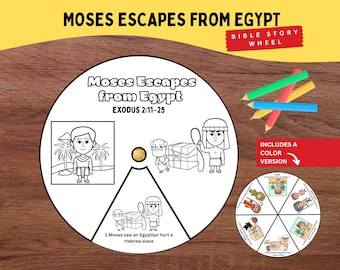 May include: A circular paper craft titled Moses Escapes from Egypt Exodus 2:11-25 featuring black and white line art illustrations of biblical scenes. The wheel includes a central fastener, colored pencils, and a smaller finished color version.