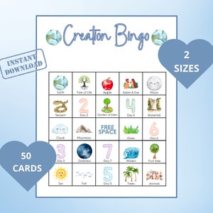 Gioco del bingo della Bibbia per bambini - Attività prescolare cristiana - Tema della storia della creazione - Apprendimento della scuola domenicale stampabile