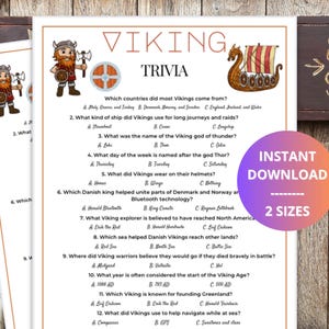 May include: A Viking trivia game, printable in two sizes, featuring illustrations of a Viking and a longship. The game includes multiple-choice questions about Viking history, with the title "VIKING TRIVIA" at the top.