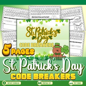 Op de afbeelding: Een printbaar pakket met het thema St. Patrick's Day met codekrakerpuzzels. Het ontwerp bevat groene klavers, een beer met een klaver en de tekst "St. Patrick's Day Code Breakers". De set bevat 5 pagina's met puzzels.