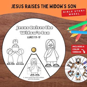 Puede incluir: Una rueda de historias bíblicas en blanco y negro con el texto "Jesús resucita al hijo de la viuda". La rueda incluye ilustraciones de Jesús y otras figuras. Lápices de colores están dispuestos sobre la superficie de madera. También está presente el texto "Incluye una versión en color".