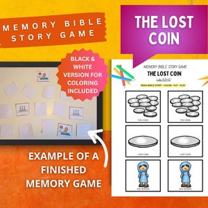 以下が含まれることがあります： 「The Lost Coin」というタイトルの聖書記憶ゲーム。黒いフレームのボードに空白やイラスト入りのカードが貼られ、コインやキャラクターのグラフィックが描かれた印刷可能なアクティビティシートが付属しており、色塗りや切り抜きをして遊ぶことができます。