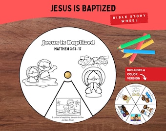 May include: A circular paper Bible story wheel titled Jesus is Baptized Matthew 3:13-17 with black and white line art illustrations of religious scenes. A small gold fastener sits in the center. A smaller colored version and four colored pencils are included.