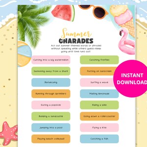 Summer Charades Game for Kids and Adults, Fun Summer Party Activity, Beach or Backyard Game Night, Printable Summer Game, Office Party