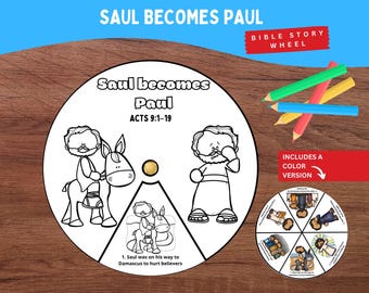 May include: A circular paper craft titled Saul Becomes Paul Acts 9:1-19 featuring black and white line art of a person on a donkey and a person standing. Includes a small color version wheel and four colored pencils in green, red, yellow, and blue.