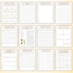 May include: Printable canning journal pages with a peach and floral design. The pages include sections for canning recipes, notes, to-do lists, and labels.