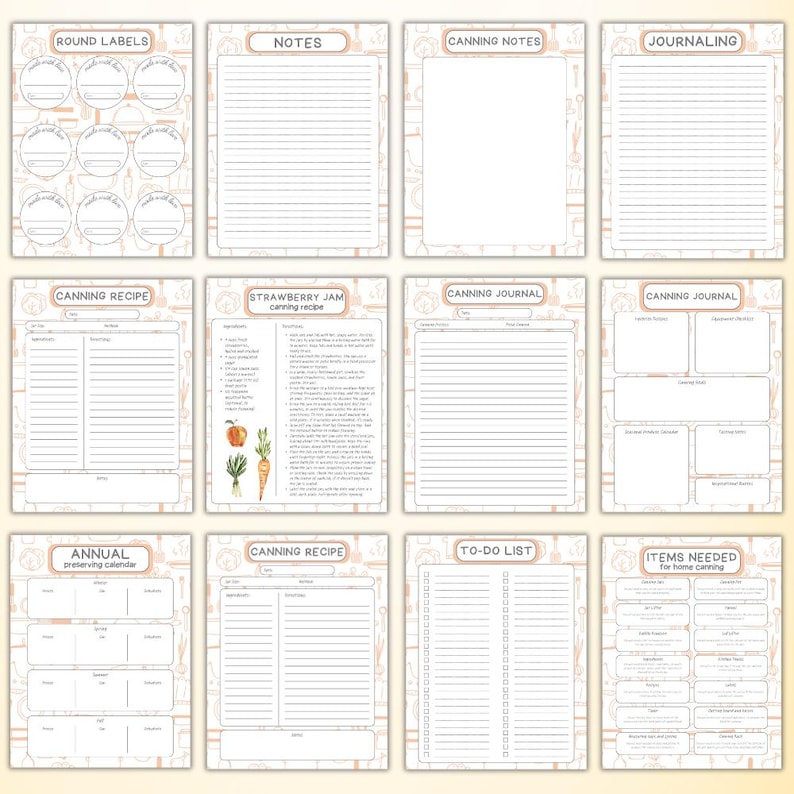 May include: Printable canning journal pages with a peach and floral design. The pages include sections for canning recipes, notes, to-do lists, and labels.