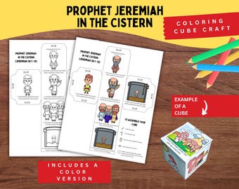 May include: A Prophet Jeremiah in the Cistern colouring cube craft kit featuring two printable sheets with black and white and coloured illustrations, assembly instructions, and a finished paper cube example with coloured pencils.