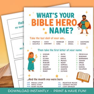 May include: A printable game sheet titled "What's Your Bible Hero Name?" with instructions and lists for name generation. Includes illustrations of biblical figures and the text "Download Instantly - Print & Have Fun!"