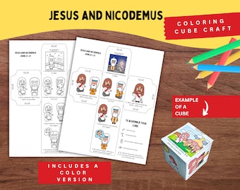 Cubo para colorear de Jesús y Nicodemo / Manualidad con la historia bíblica "Nacido de nuevo" / Juan 3:16 imprimible para la escuela dominical o la educación en casa.