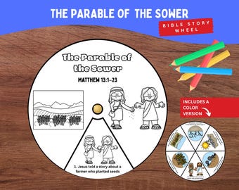 Puede incluir: Una rueda de historias bíblicas con el texto "La parábola del sembrador" y "Mateo 13:1-23". La rueda incluye ilustraciones de personas y campos, con el texto "Incluye una versión en color". Lápices de colores a la derecha.