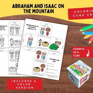 Puede incluir: Un kit de manualidades con el texto "Abraham e Isaac en la montaña" e instrucciones para un cubo para colorear. El kit incluye una versión en color y un ejemplo de cubo terminado. Se ven lápices de colores.