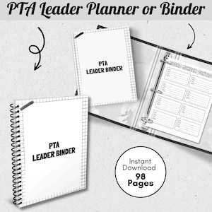 Könnte beinhalten: Ein schwarz-weißer druckbarer Planer oder Ordner für PTA-Leiter. Das Cover zeigt den Text "PTA Leader Binder" und den Text "Sofortiger Download 98 Seiten".