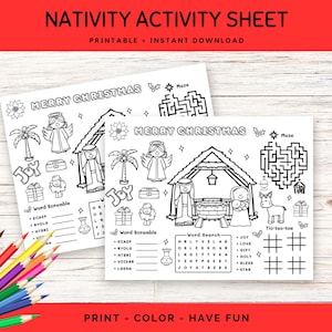 Bible Activity: Nativity Craft, Sunday School activity, Church Kids Placemat, Activity Pages, Christian Homeschool, Christmas Coloring Page