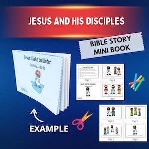 Op de afbeelding: Een Mini-Bijbelverhaalboek getiteld "Jezus loopt op het water", met illustraties van Jezus en zijn discipelen. De omslag toont Jezus die op het water loopt. Bevat pagina's met illustraties en tekst. Bevat ook een schaar en kleurpotloden.