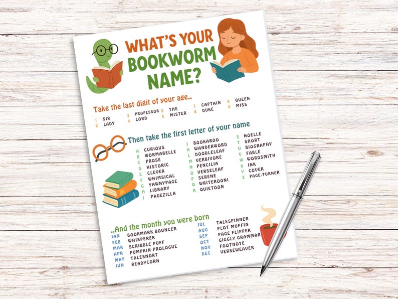 What’s Your Bookworm Name Printable Game, Reading Party Activity for ...