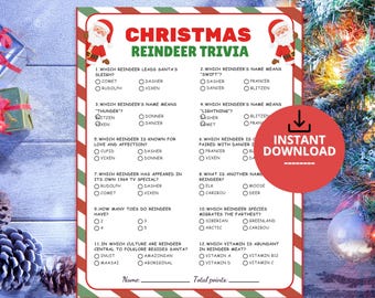 May include: A white rectangular Christmas Reindeer Trivia game sheet with a red and green striped border. The header features two Santa Claus illustrations. It contains twelve multiple-choice questions about reindeer, with a name and total points line.