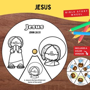 May include: A black and white Bible story wheel with the word "Jesus" at the top. The wheel includes illustrations of Jesus and the text "John 20:31". The image also includes colored pencils and a color version of the wheel.
