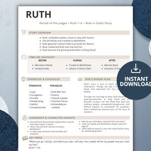 May include: A white informational document titled RUTH featuring sections on story overview, timeline snapshot, strengths and struggles, God's bigger plan, leadership and character insights, and a key verse from Ruth 1:16 with a dark blue instant download icon.