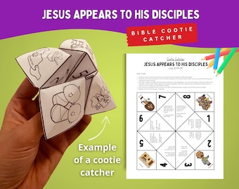 May include: A white paper Bible Cootie Catcher with black line art illustrations and text. The text reads "JESUS APPEARS TO HIS DISCIPLES" and "Bible Cootie Catcher". An example of a folded Cootie Catcher is held in a hand.