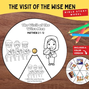 Three Wise Men Coloring Wheel | Matthew 2:1–12 Printable | Magi Visit Jesus | Epiphany Bible Story for Kids Sunday School Craft
