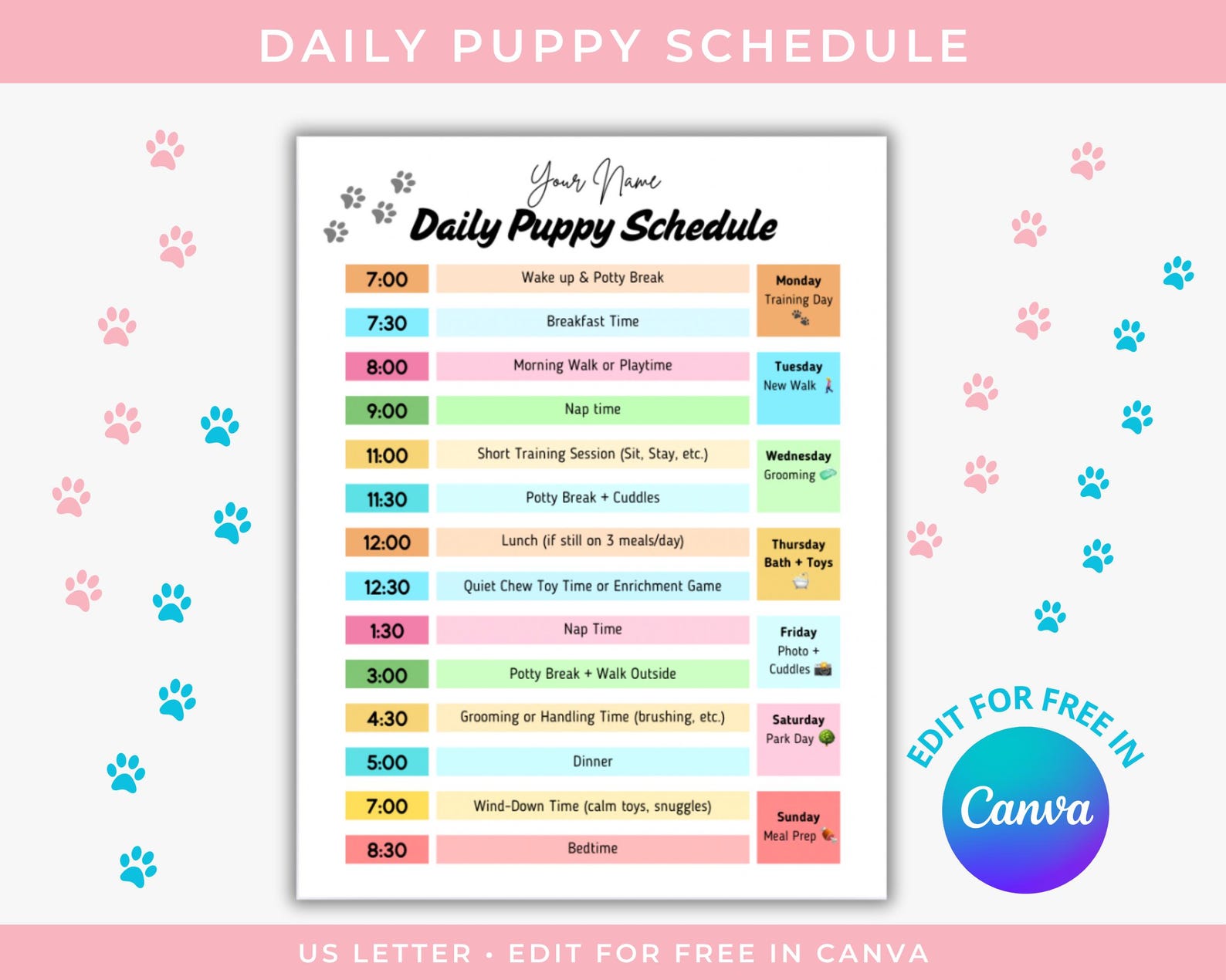 Editable Puppy Daily Schedule Template Printable Dog Routine Chart
