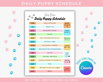 Bewerkbare sjabloon dagelijkse puppyplanning | Afdrukbare hondenroutinetabel | Huisdierverzorgingsplanner voor puppy's | Leuk Canva-schema voor nieuwe hondenbezitters