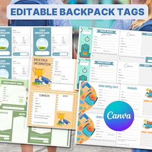 Bewerkbare rugzak- en kinderveiligheids-ID-kaarten voor school | Afdrukbare tags voor contactpersonen voor noodgevallen en medische informatie | Terug naar schoolbenodigdheden