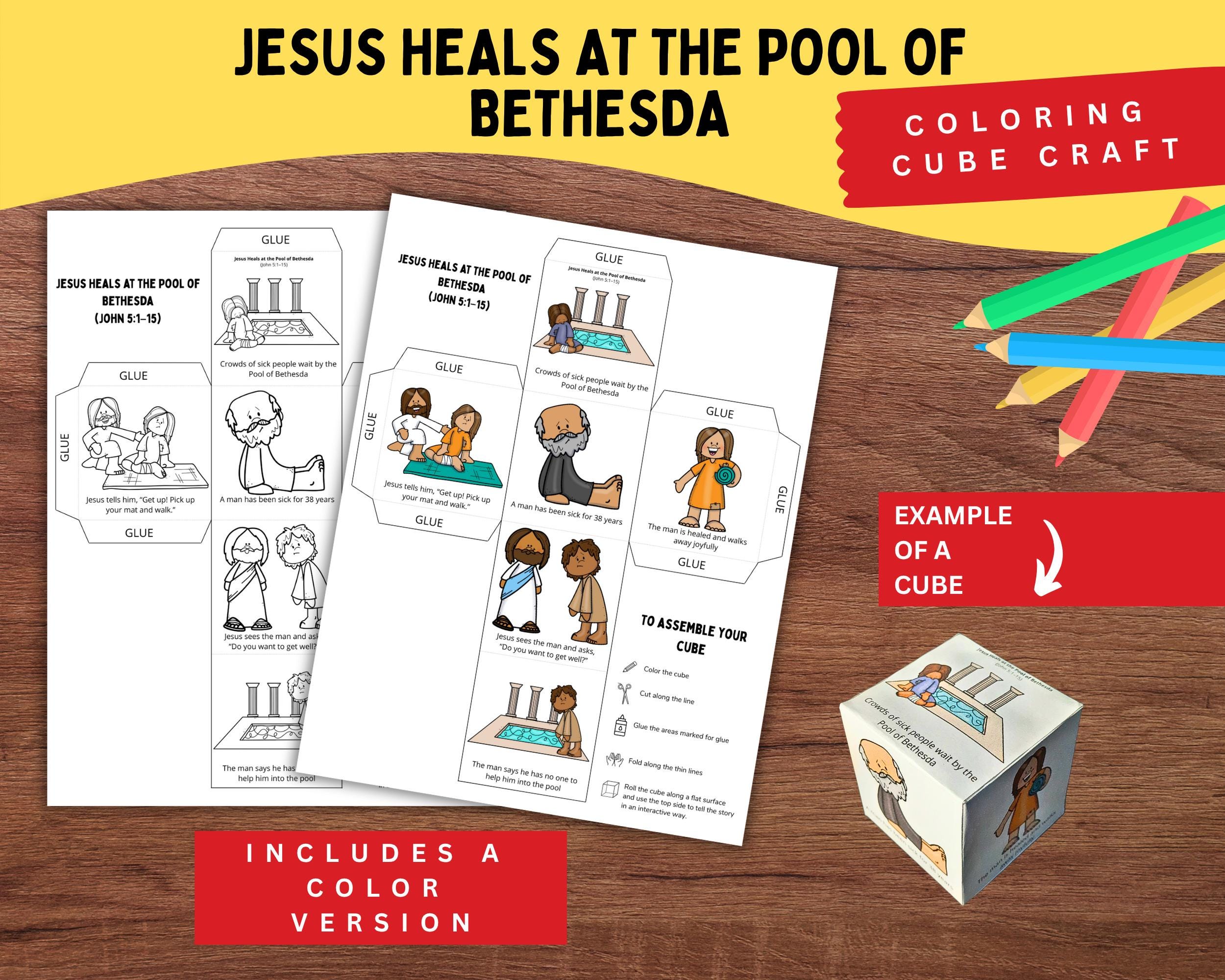 Jesus Heals at the Pool of Bethesda Bible Story Cube | John 5:1–15 | Printable Kids Craft | Sunday School Activity | Christian Coloring Cube