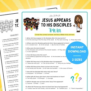 Może przedstawiać: Drukowany arkusz do gry w quiz zatytułowany "JESUS APPEARS TO HIS DISCIPLES" z pytaniami wielokrotnego wyboru. Arkusz zawiera ilustracje Jezusa i jego uczniów oraz tekst "INSTANT DOWNLOAD" i "2 SIZES".