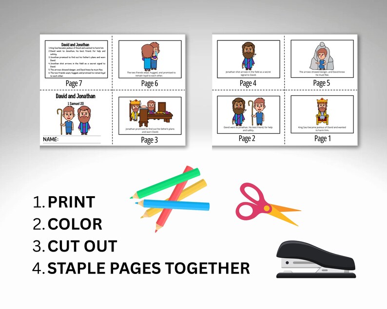 Staple Color Pages David and Jonathan Bible Story Mini Book for Kids | 1 Samuel 20 ...