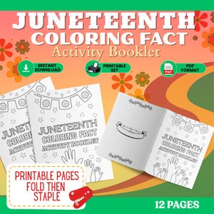 Juneteenth kleurboek met weetjes, afdrukbare pdf met educatieve activiteiten voor kinderen, zwarte geschiedenis kleurplaten met woordspelletjes, thuisonderwijsbladen