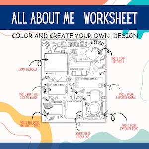 K&ouml;nnte beinhalten: Schwarz-wei&szlig; "All About Me" Arbeitsblatt mit Aufforderungen, ein Portr&auml;t zu zeichnen, &uuml;ber Lieblingsdinge und den Traumberuf zu schreiben. Enth&auml;lt Text: "Color and Create Your Own Design."
