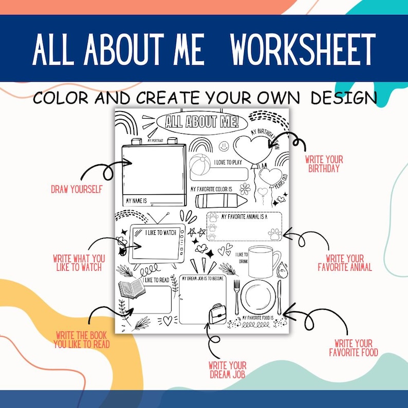 K&ouml;nnte beinhalten: Schwarz-wei&szlig; "All About Me" Arbeitsblatt mit Aufforderungen, ein Portr&auml;t zu zeichnen, &uuml;ber Lieblingsdinge und den Traumberuf zu schreiben. Enth&auml;lt Text: "Color and Create Your Own Design."