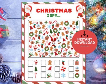 May include: A Christmas I Spy game sheet featuring a red and green striped border, Santa Claus illustrations, and a central grid filled with holiday icons like gingerbread men, candy canes, stockings, wreaths, and gifts, with a counting section below.