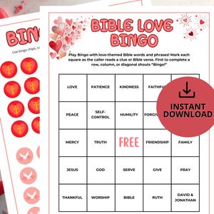 May include: A printable Bible Love Bingo game with a red and pink heart theme. The game includes bingo cards with Bible-themed words and phrases. A red circle with the words "Instant Download" is also visible.