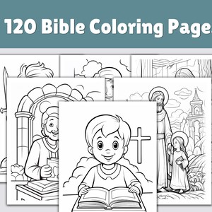 Puede incluir: Una colección de 120 páginas para colorear de la Biblia. Las ilustraciones en blanco y negro representan varias escenas bíblicas, incluyendo figuras, cruces y elementos arquitectónicos. El título "120 Bible Coloring Pages" se muestra en la parte superior.