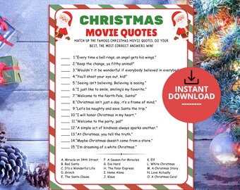 May include: A Christmas movie quote matching game sheet with a red and green striped border, featuring illustrations of Santa Claus in the top corners and a list of fifteen numbered movie quotes followed by a list of fifteen movie titles.