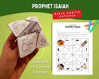 May include: A paper cootie catcher featuring black and white line art illustrations of biblical figures and themes, including the text Prophet Isaiah. The set includes a printable instruction sheet with numbered flaps and questions related to the prophet.