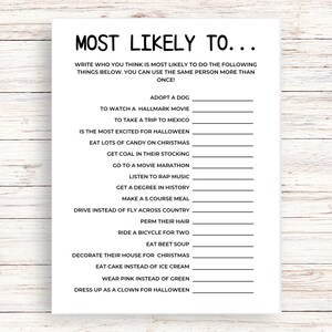 Most Likely To Party Spiel, druckbares Spiel, lustige Familienaktivitäten, Wer ist am wahrscheinlichsten, Partyspiel, Bürospiel, Gruppenspiele