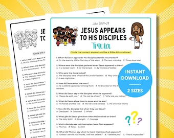 May include: A printable Bible trivia worksheet titled Jesus Appears to His Disciples, featuring a cartoon illustration of Jesus and his disciples, ten multiple-choice questions about John 20:19-29, and a blue circular instant download badge.