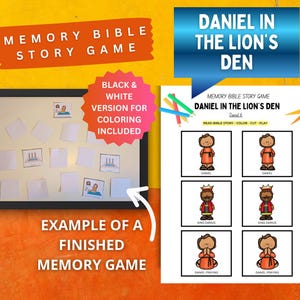 May include: A children's memory game based on the story of "Daniel in the Lion's Den". The game features illustrations of Daniel and King Darius. Includes a black and white version for colouring. Text: "Memory Bible Story Game".
